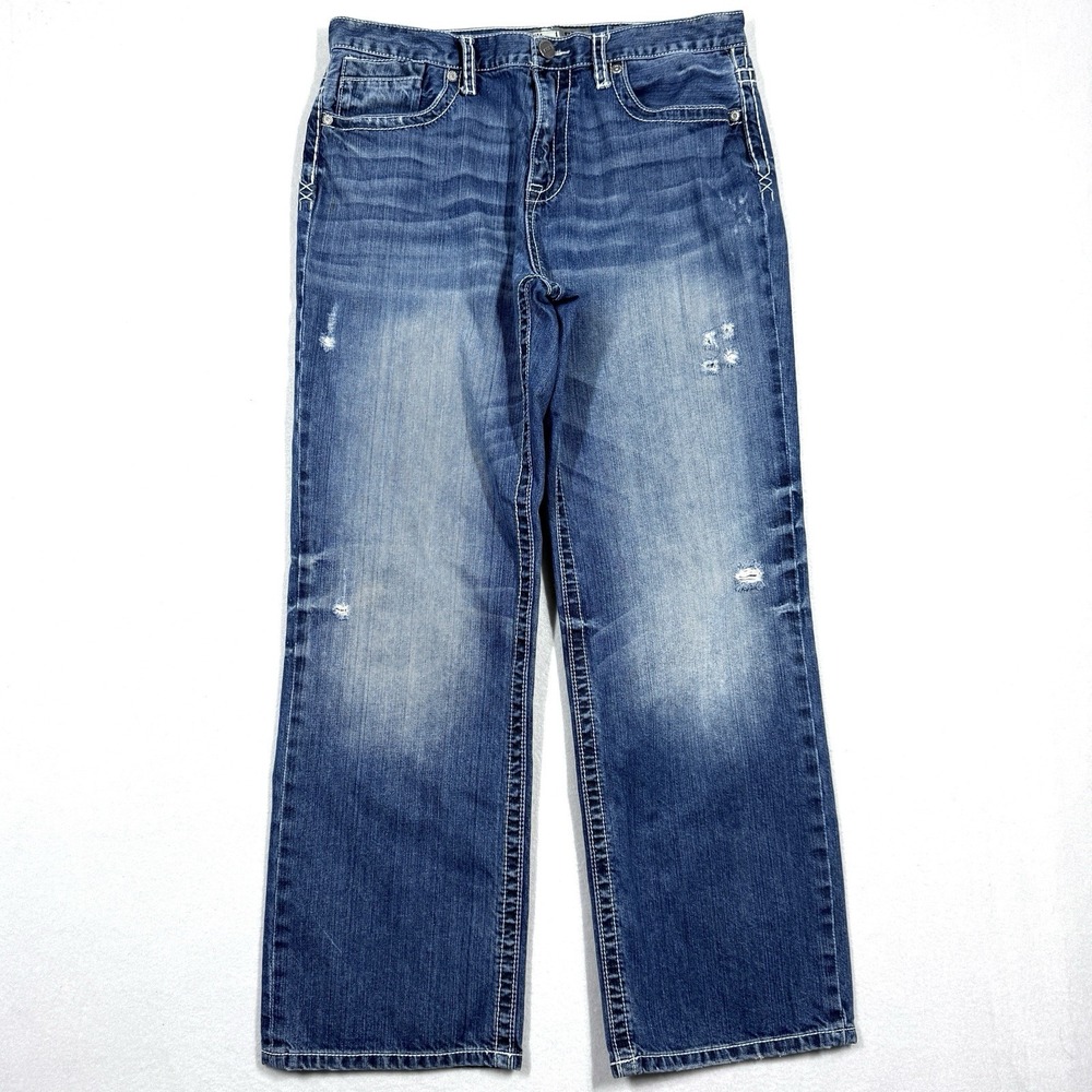 BKE‎ Jeans Mens 34x30 Seth Straight Leg Relaxed Blue Denim Thick Stitch Buckle